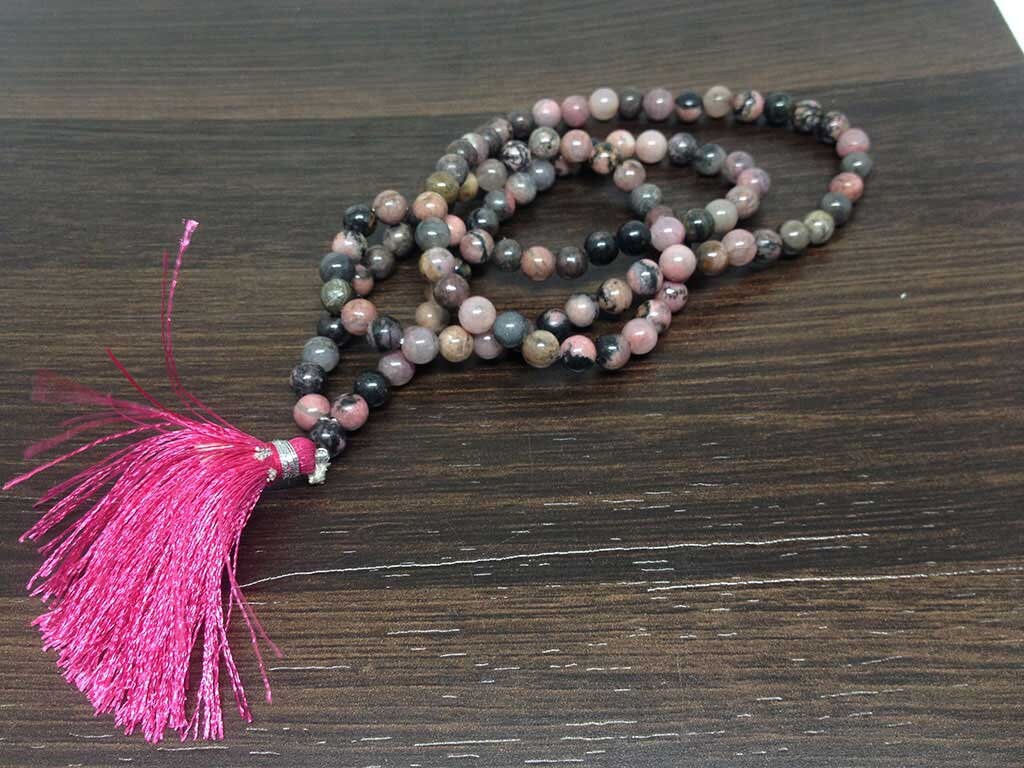 Rhodonite Gemstone Mala, 108 Prayer Bead Mala.  DestGlow