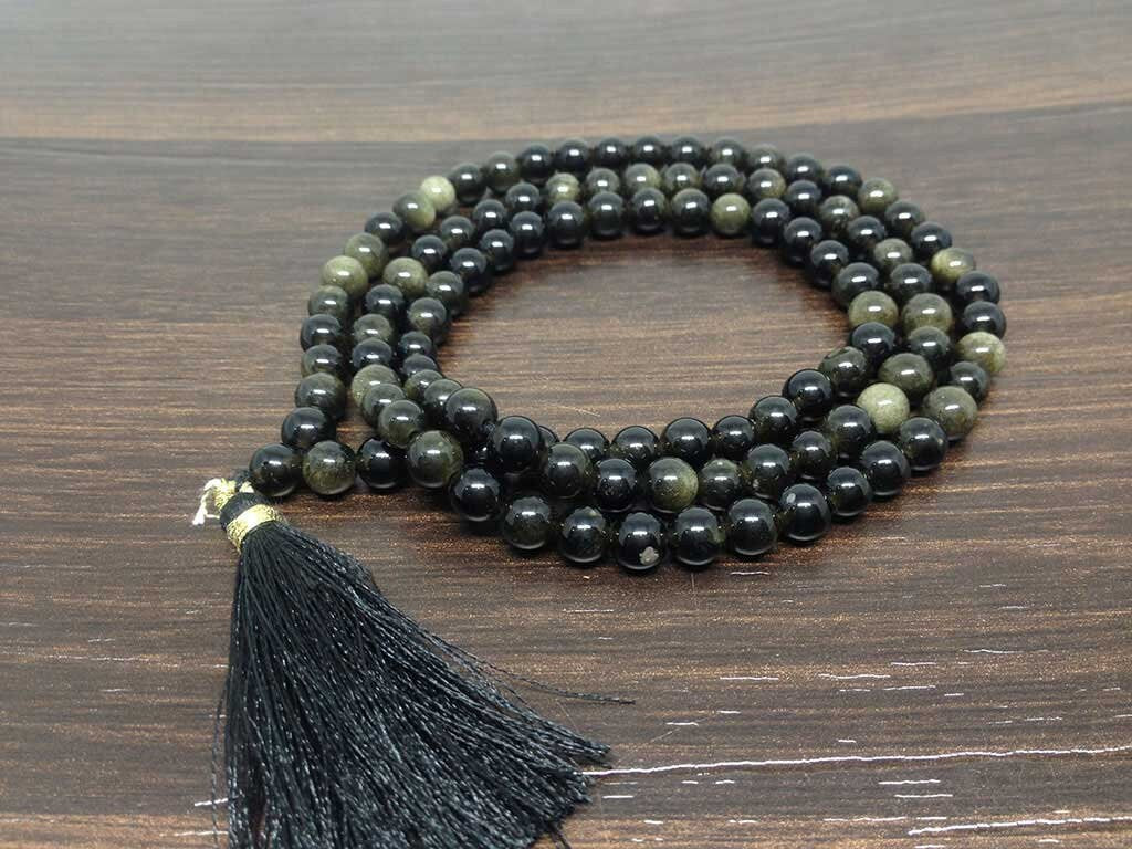 One (1) Natural 6mm Rainbow Black obsidian Mala With 108 Prayer Beads Perfect For Mediation Jap mala Prayer mala Necklace ~ JP150  DestGlow