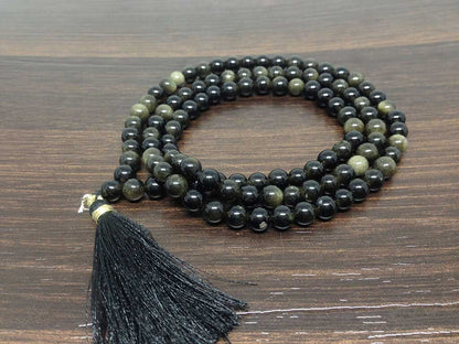 One (1) Natural 6mm Rainbow Black obsidian Mala With 108 Prayer Beads Perfect For Mediation Jap mala Prayer mala Necklace ~ JP150  DestGlow