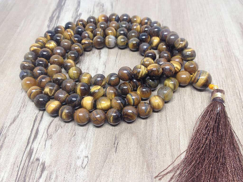 One (1) Natural 8mm Tiger Eye Mala With 108 Prayer Beads For Mediation Tibetan Mala Tiger Eye Jap mala Necklace ~ JP540  DestGlow