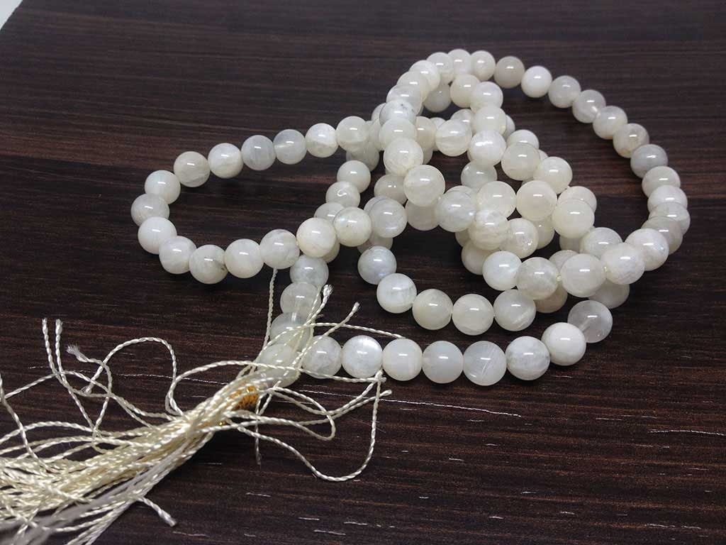 White Rainbow Moonstone Mala With 108 Prayer Beads.  DestGlow