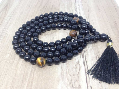 One (1) Natural 8mm Black Onyx With 3 Tiger Eye Beads Mala With 108 Prayer Beads ~ JP505  DestGlow