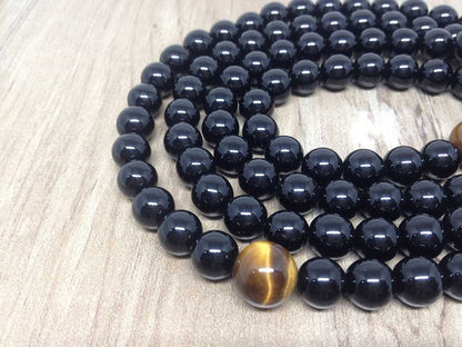 One (1) Natural 8mm Black Onyx With 3 Tiger Eye Beads Mala With 108 Prayer Beads ~ JP505  DestGlow
