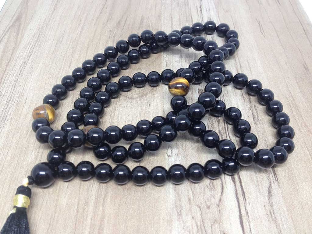 One (1) Natural 8mm Black Onyx With 3 Tiger Eye Beads Mala With 108 Prayer Beads ~ JP505  DestGlow