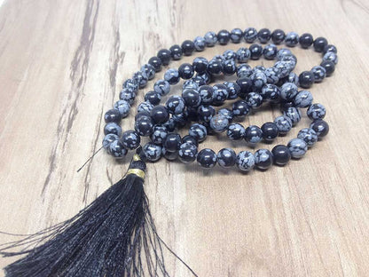 Snowflake Black Obsidian Mala With 108 Prayer Beads Jap Mala.  DestGlow