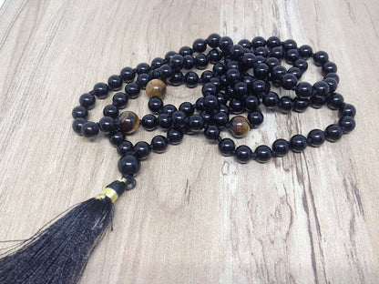 One (1) Natural 6mm Black onyx With 3 Tiger Eye Beads Knotted Mala With 108 Prayer Beads For Mediation Tibetan Mala Jap Mala ~ JP109  DestGlow