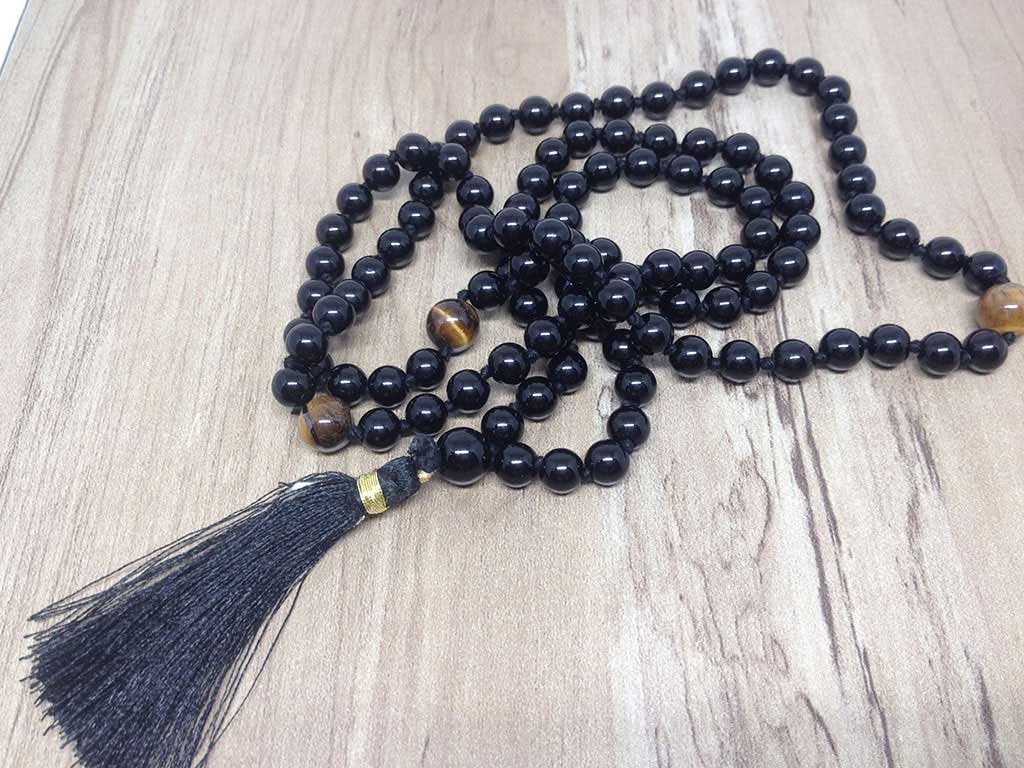 One (1) Natural 6mm Black onyx With 3 Tiger Eye Beads Knotted Mala With 108 Prayer Beads For Mediation Tibetan Mala Jap Mala ~ JP109  DestGlow
