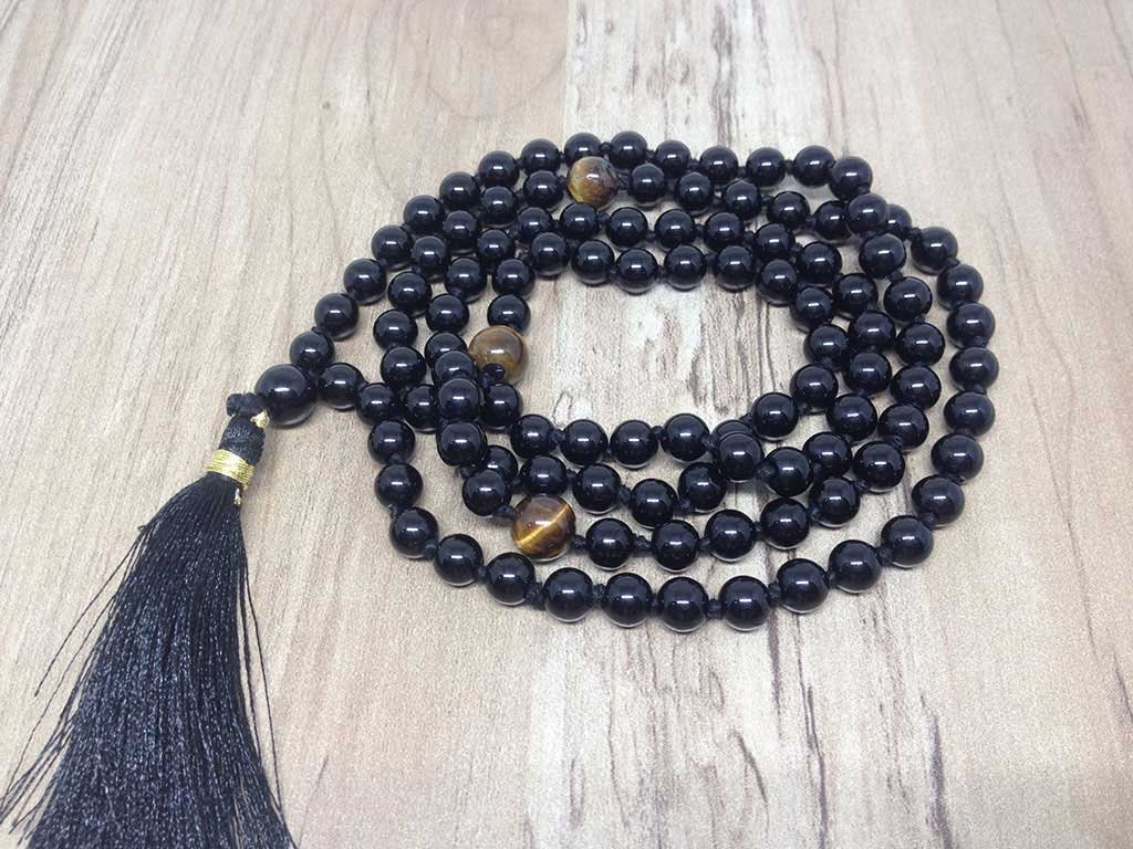 One (1) Natural 6mm Black onyx With 3 Tiger Eye Beads Knotted Mala With 108 Prayer Beads For Mediation Tibetan Mala Jap Mala ~ JP109  DestGlow
