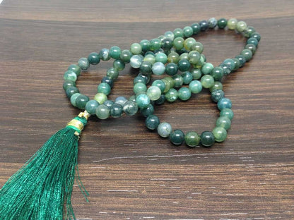 Moss Agate Gemstone Mala, 108 Prayer Bead Mala.  DestGlow