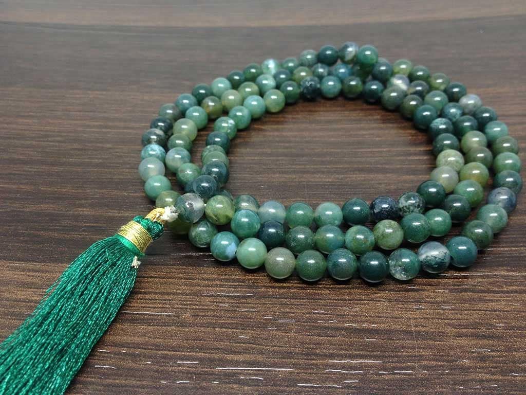 Moss Agate Gemstone Mala, 108 Prayer Bead Mala.  DestGlow