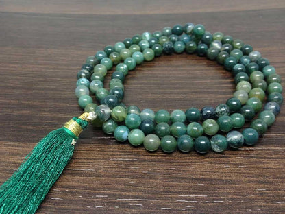 Moss Agate Gemstone Mala, 108 Prayer Bead Mala.  DestGlow