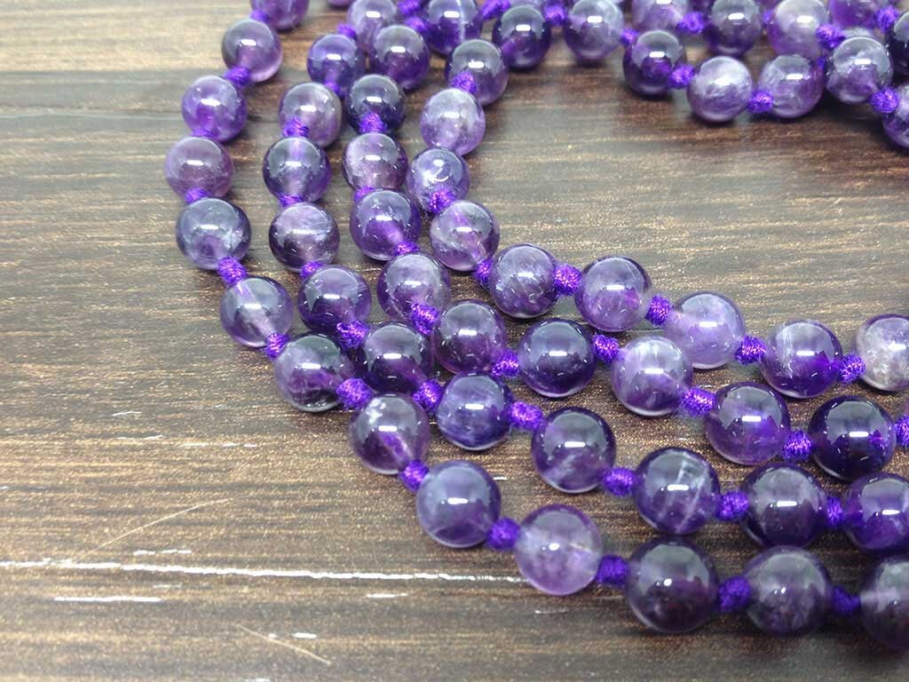 One (1) Natural 6mm Amethyst Knotted Mala With 108 Prayer Beads For Mediation  DestGlow