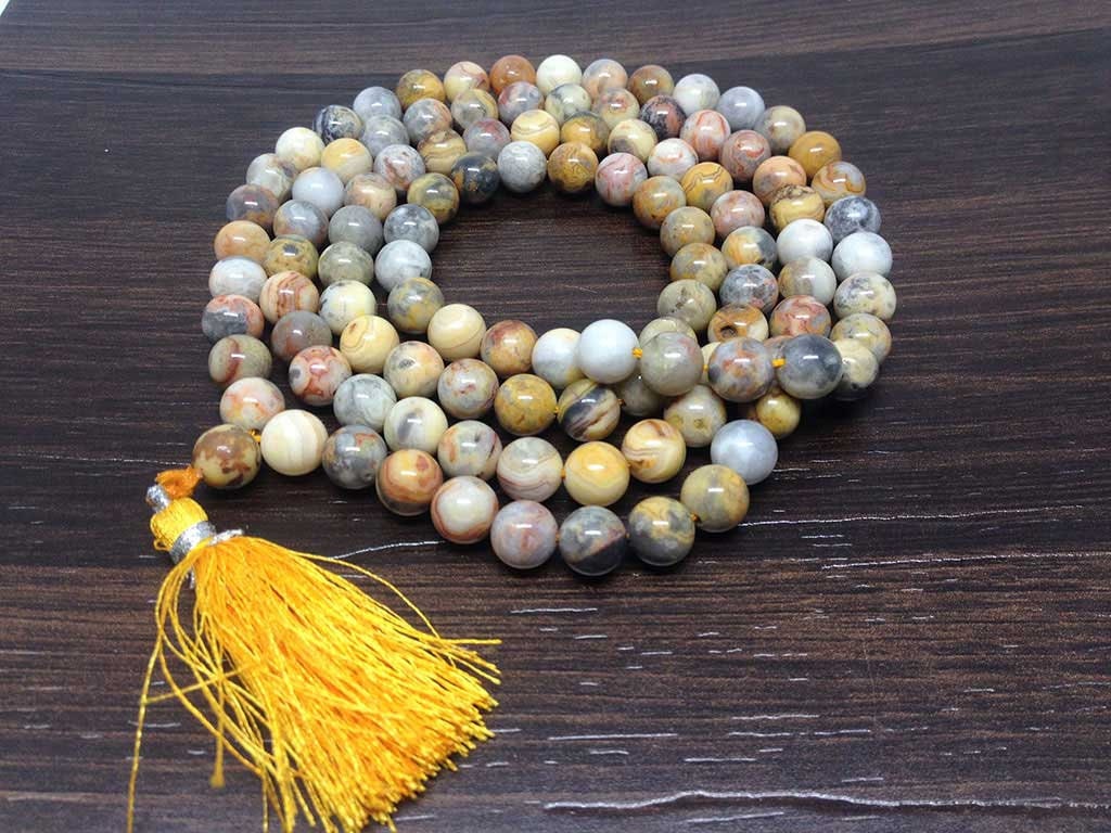 Crazy Lace Agate Gemstone Mala, 108 Prayer Bead Mala.  DestGlow