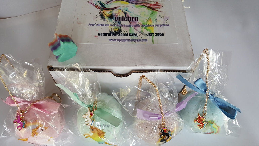 Unicorn Bath Bomb Gift for Girls with 4 XL Bath bombs each with a Surprise Necklace Inside (Unicorn) by Spa Pure