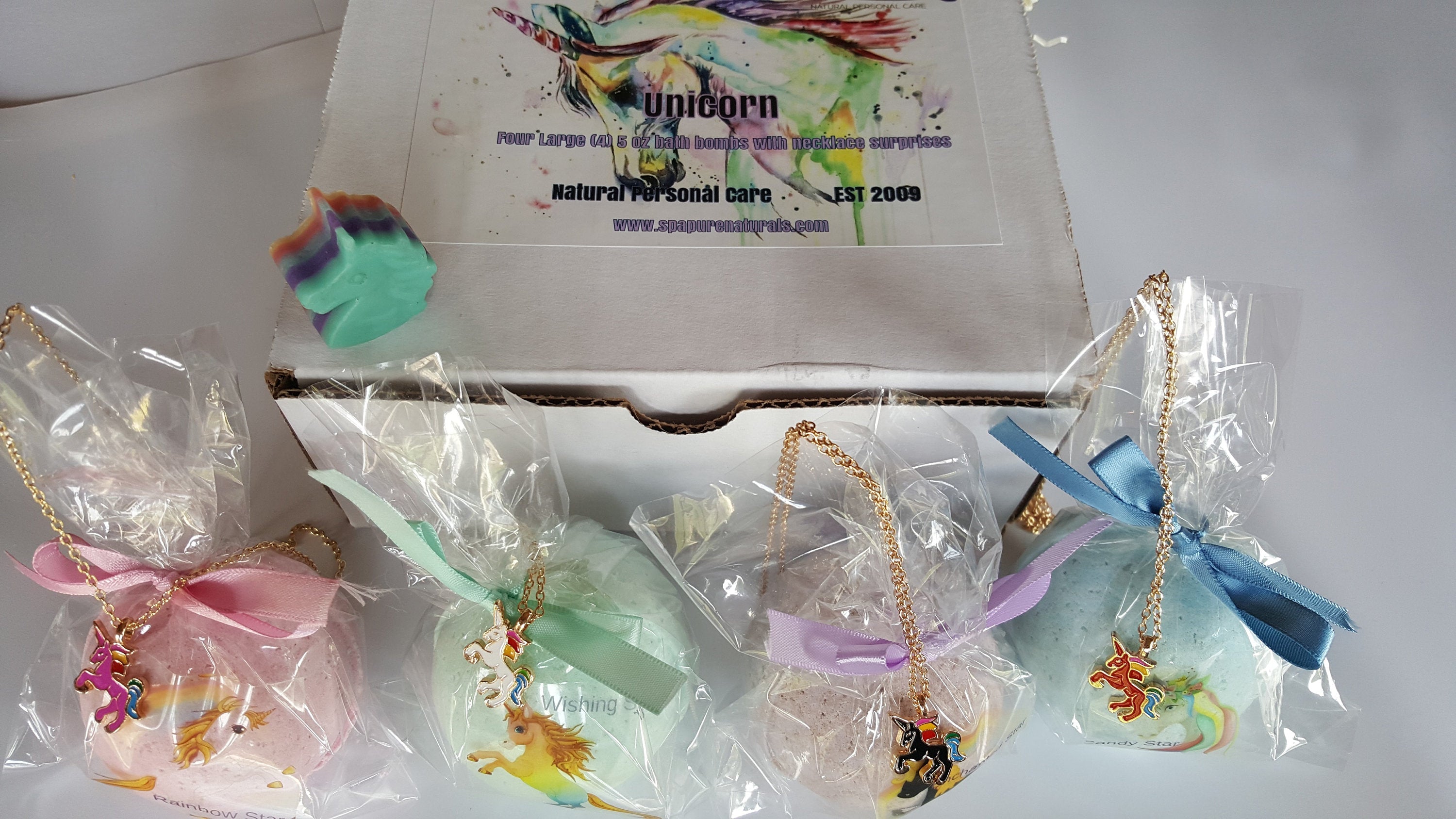 Unicorn Bath Bomb Gift for Girls with 4 XL Bath bombs each with a Surprise Necklace Inside (Unicorn) by Spa Pure