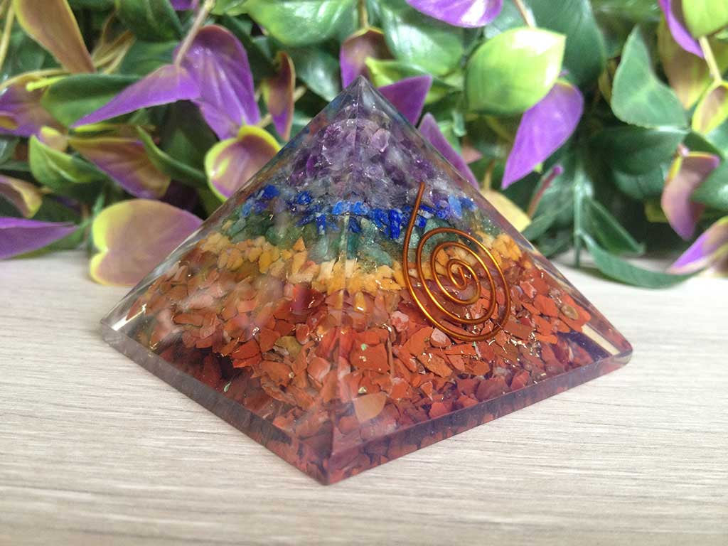 Bonded Chakra Layered Pyramid, Crystal Orgone pyramid.  DestGlow