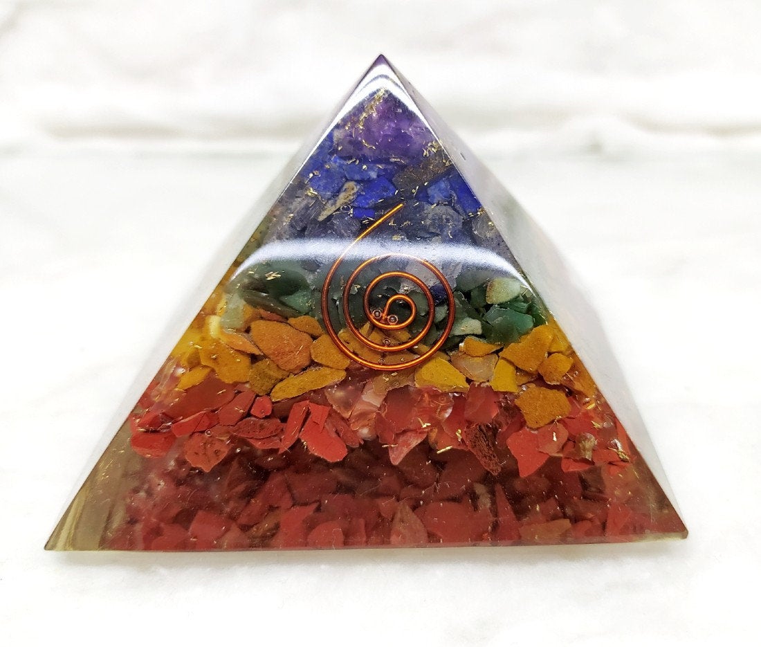 Bonded Chakra Layered Pyramid, Crystal Orgone pyramid.  DestGlow
