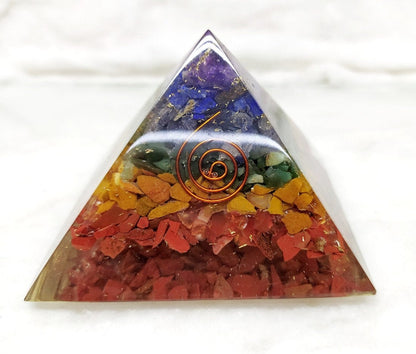 Bonded Chakra Layered Pyramid, Crystal Orgone pyramid.  DestGlow