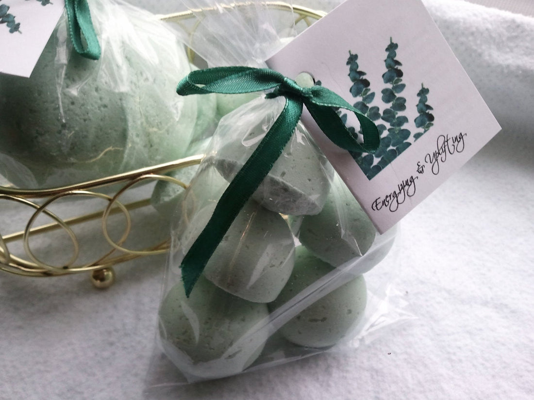 14 bath bombs Eucalyptus &amp; Spearmint Essential Oils gift bag bath fizzies, especially good for colds and flus by Spa Pure