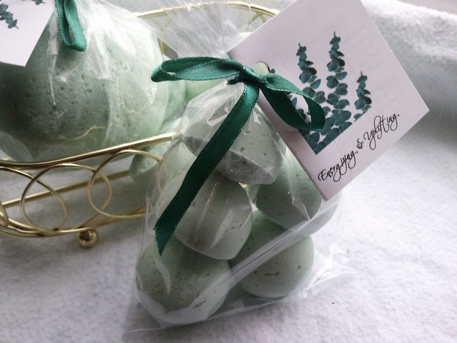 14 bath bombs Eucalyptus &amp; Spearmint Essential Oils gift bag bath fizzies, especially good for colds and flus by Spa Pure