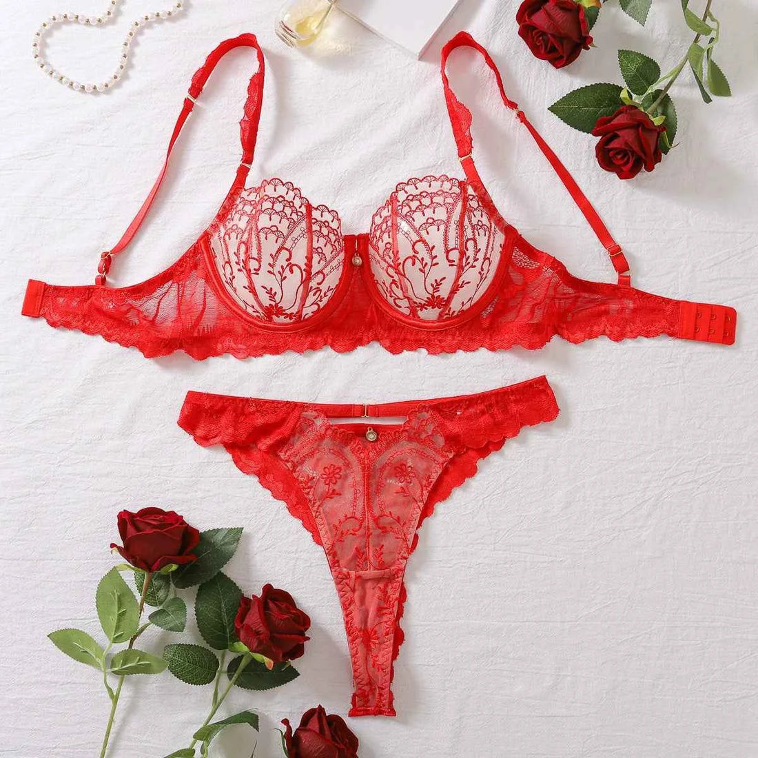 Ruby Romance Embroidered Lace 2 Piece Lingerie Set - lingerie &amp; underwear