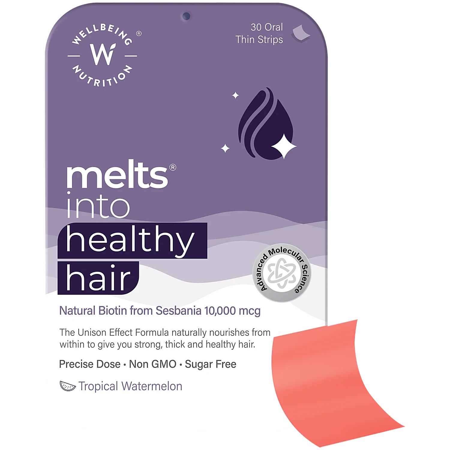 Wellbeing Nutrition Melts into Healthy Hair Biotin 10,000mcg Tropical Watermelon Disintegrating Strip Sugar Free