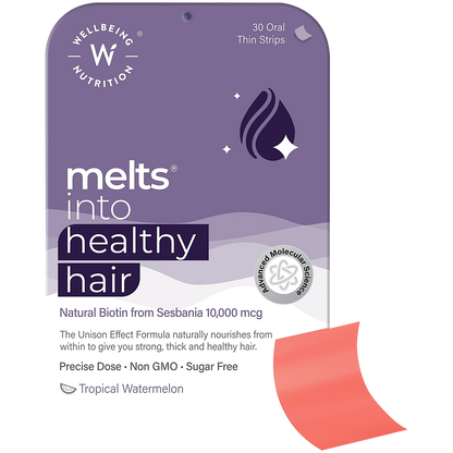 Wellbeing Nutrition Melts into Healthy Hair Biotin 10,000mcg Tropical Watermelon Disintegrating Strip Sugar Free