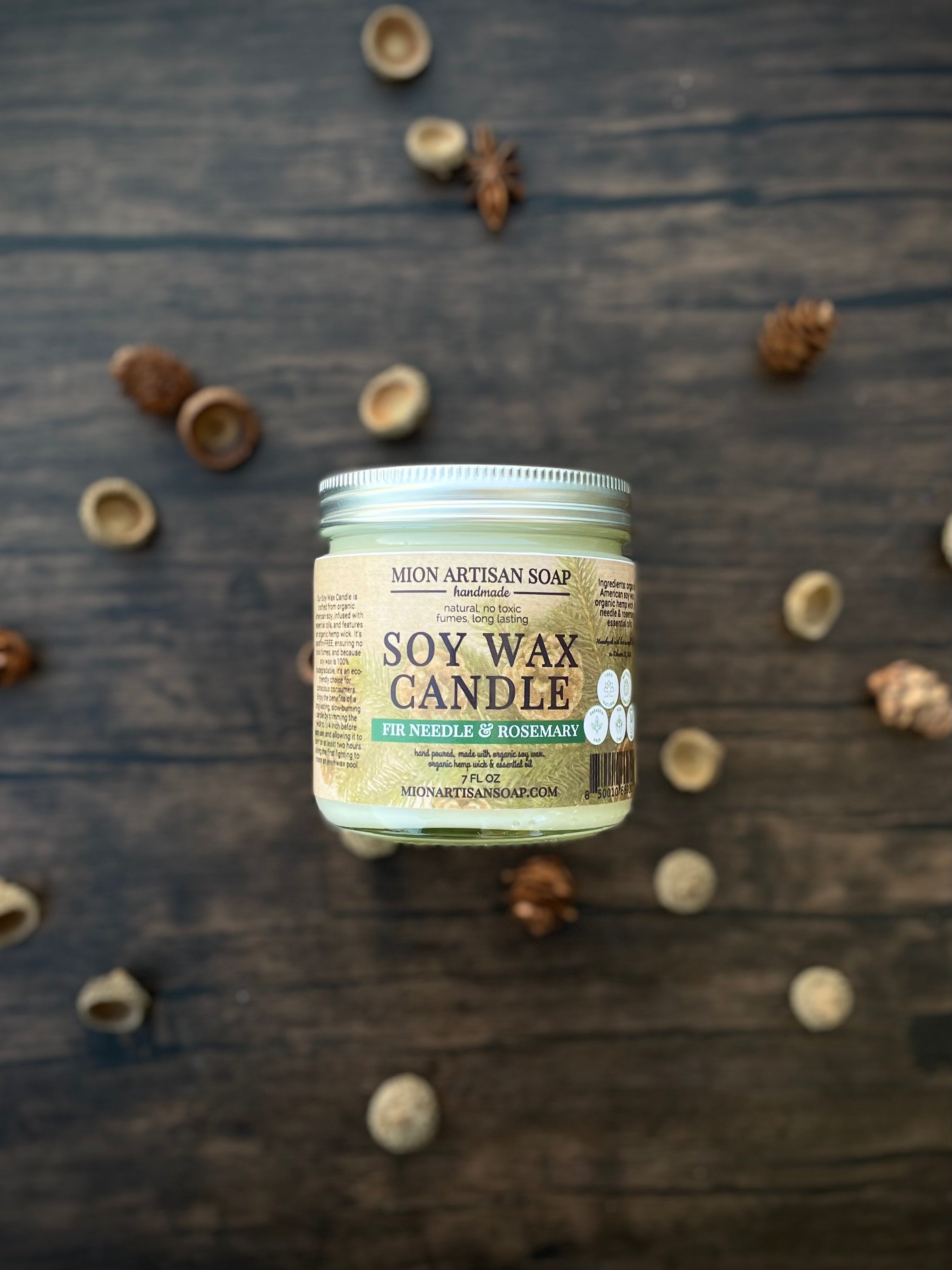 Fir Needle &amp; Rosemary Soy Wax Candle | Long Lasting | 100% Natural by MION Artisan Soap Co.
