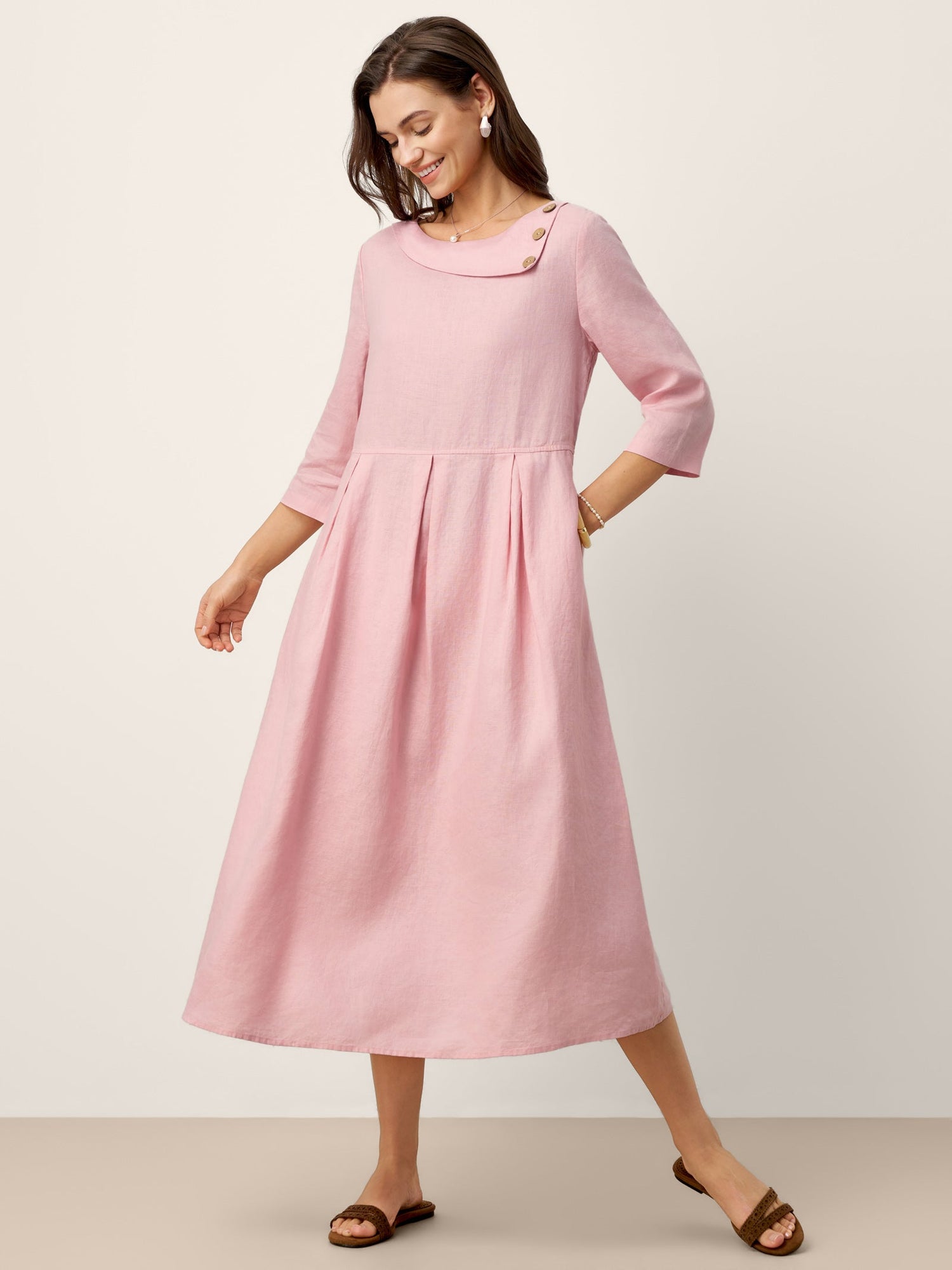 100% Linen Crescent Neck Decorative Button Waist Pleated Midi Dress GWENYTH  DestGlow