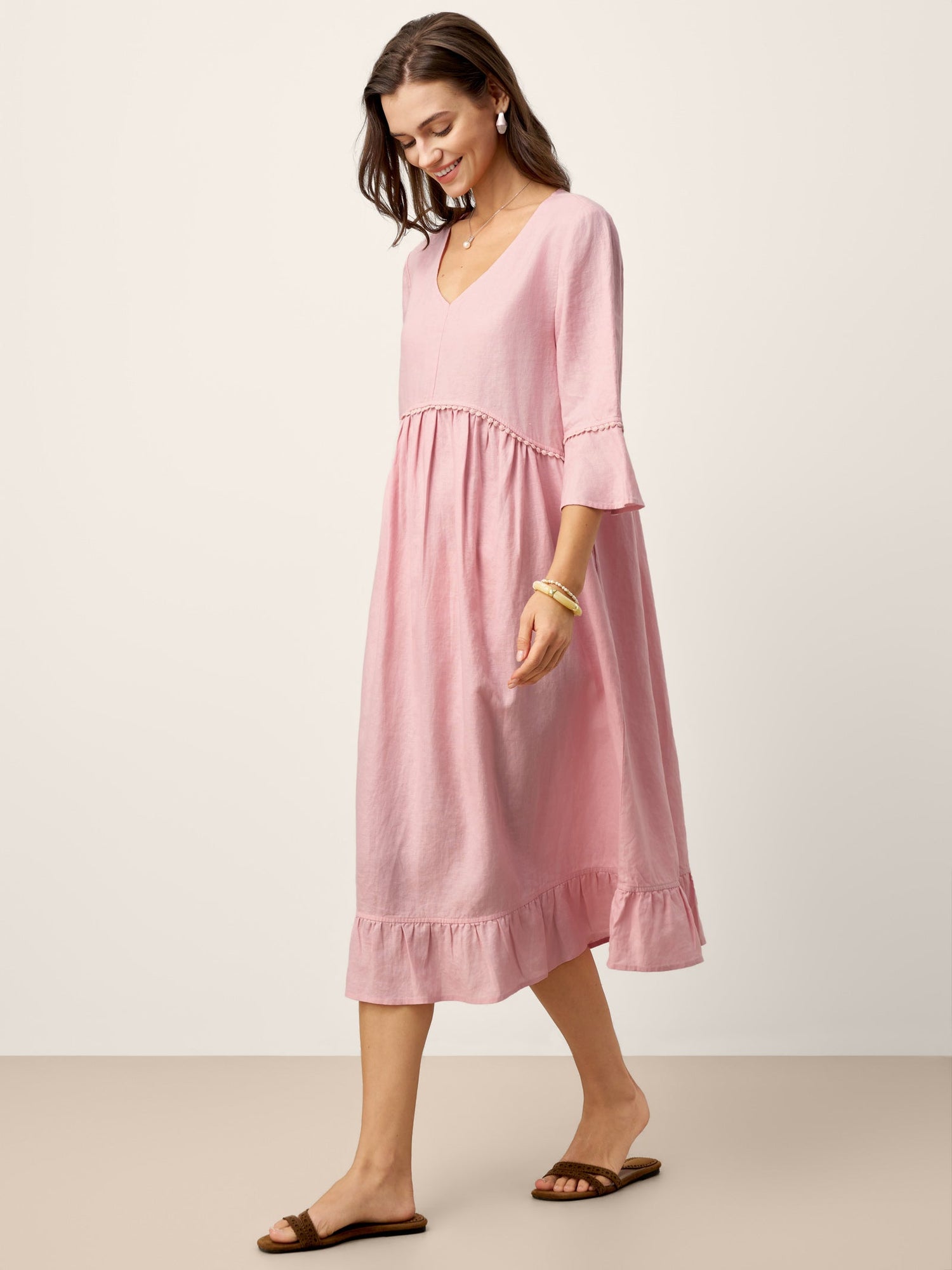 100% Linen V-Neck Ruffle Hem Midi Dress with Crochet Trim MARTHA by LINTICO