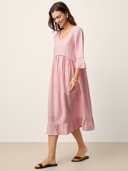 100% Linen V-Neck Ruffle Hem Midi Dress with Crochet Trim MARTHA by LINTICO
