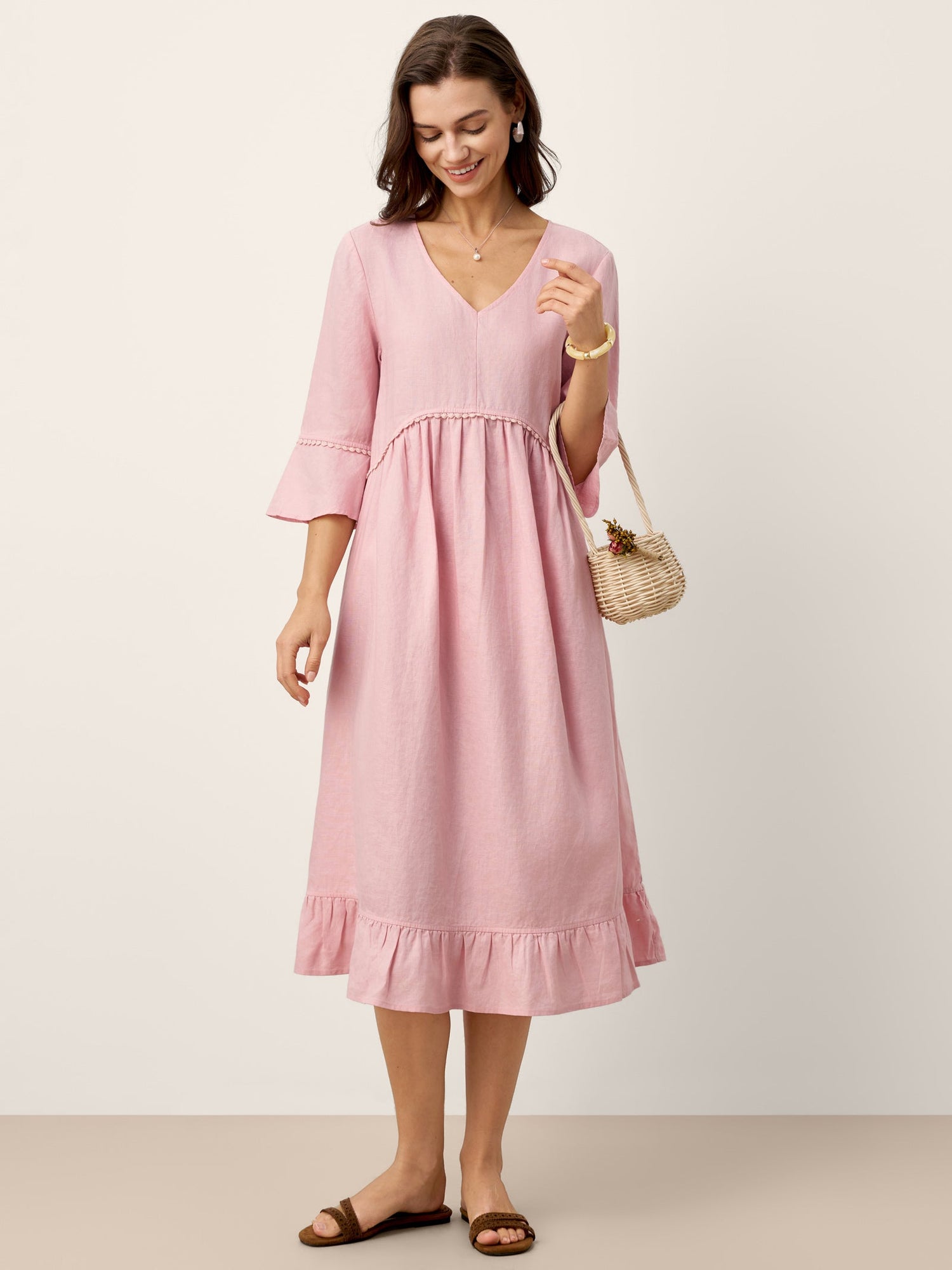 100% Linen V-Neck Ruffle Hem Midi Dress with Crochet Trim MARTHA by LINTICO