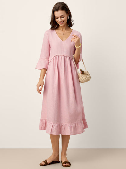 100% Linen V-Neck Ruffle Hem Midi Dress with Crochet Trim MARTHA by LINTICO