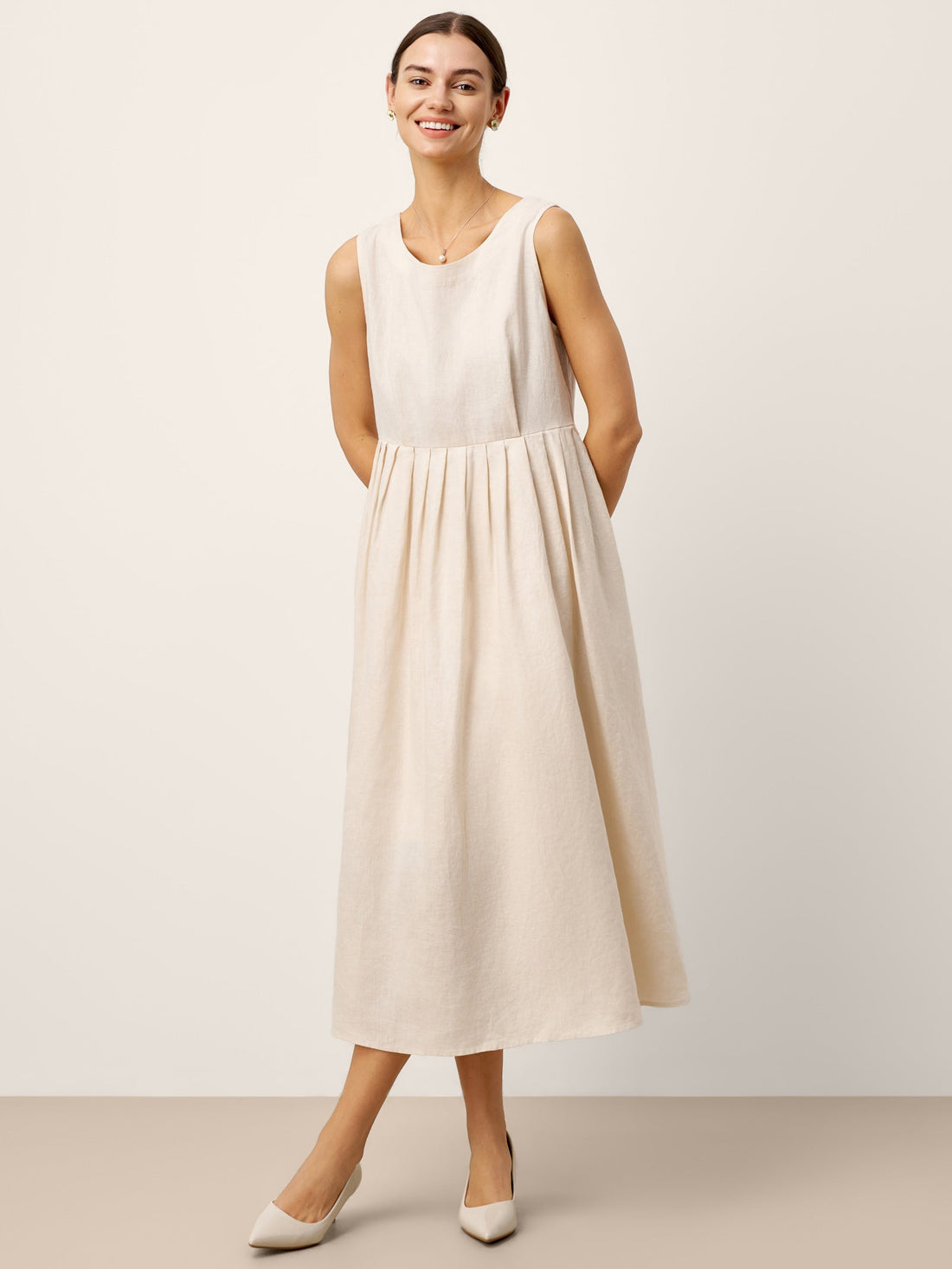 100% Linen Sleeveless Crew Neck Waist Pleated Maxi Dress SELENE by LINTICO