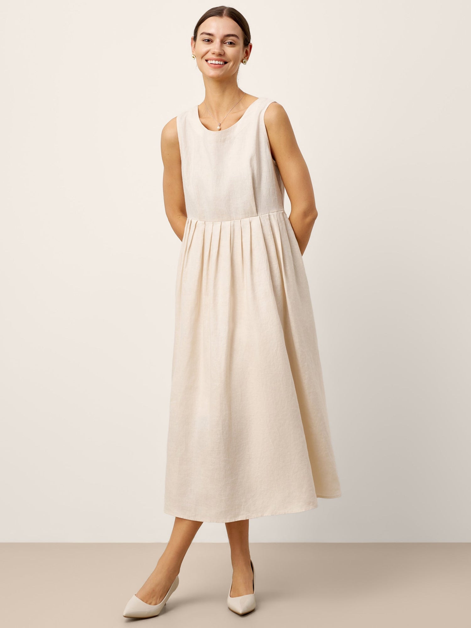 100% Linen Sleeveless Crew Neck Waist Pleated Maxi Dress SELENE by LINTICO