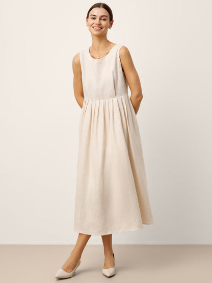 100% Linen Sleeveless Crew Neck Waist Pleated Maxi Dress SELENE by LINTICO