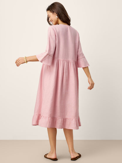 100% Linen V-Neck Ruffle Hem Midi Dress with Crochet Trim MARTHA by LINTICO