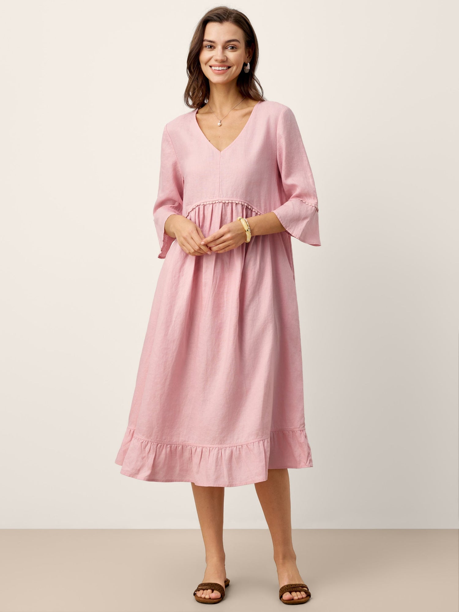 100% Linen V-Neck Ruffle Hem Midi Dress with Crochet Trim MARTHA by LINTICO