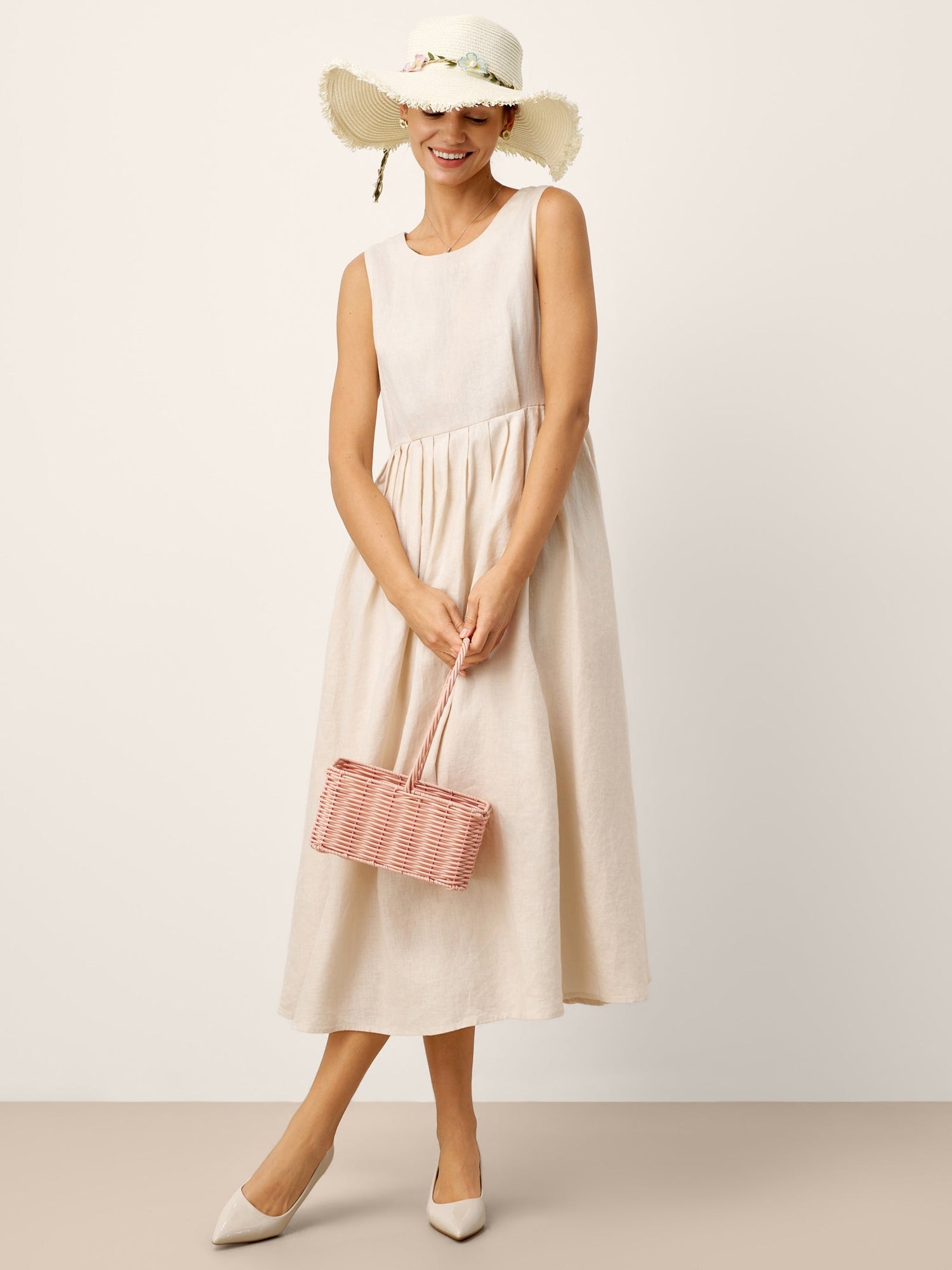 100% Linen Sleeveless Crew Neck Waist Pleated Maxi Dress SELENE by LINTICO