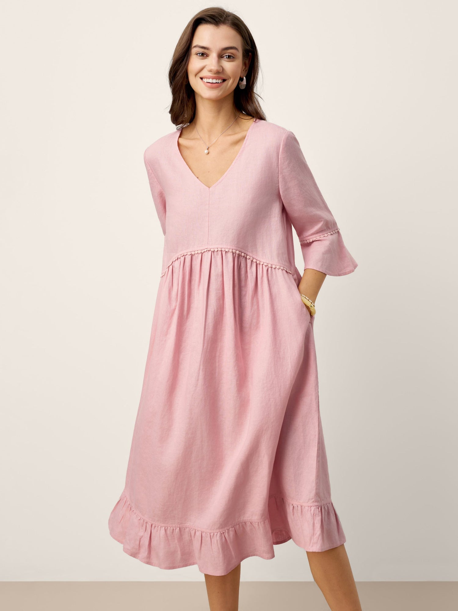 100% Linen V-Neck Ruffle Hem Midi Dress with Crochet Trim MARTHA by LINTICO