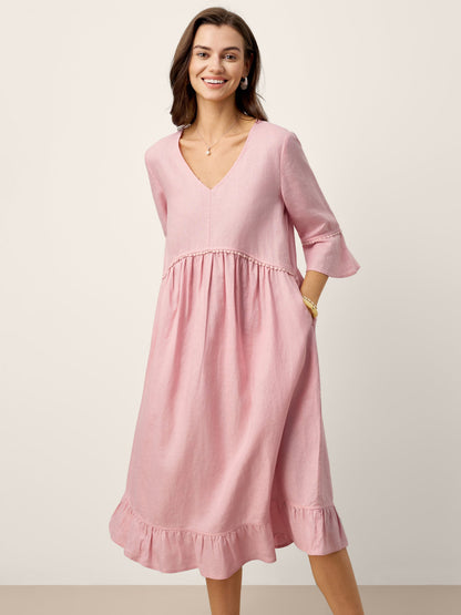 100% Linen V-Neck Ruffle Hem Midi Dress with Crochet Trim MARTHA by LINTICO