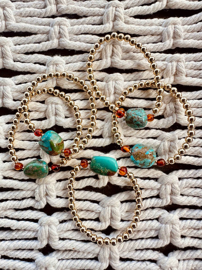 Natural Turquoise + Baltic Amber || 14K Gold Filled || Adult Stretch Bracelet