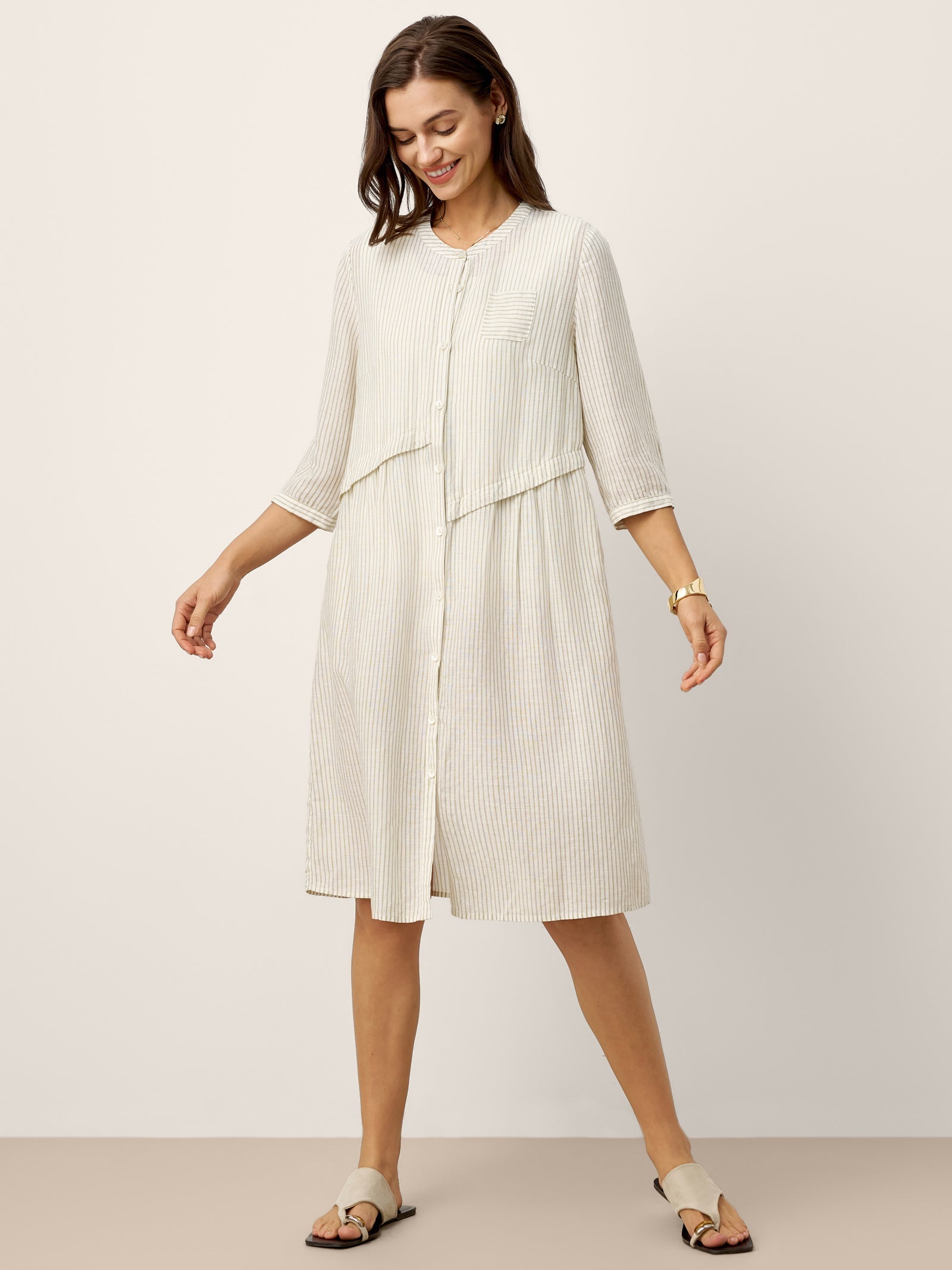 Linen-Lyocell Deconstructed Asymmetric Front Pleat Midi Dress EULALIE by LINTICO