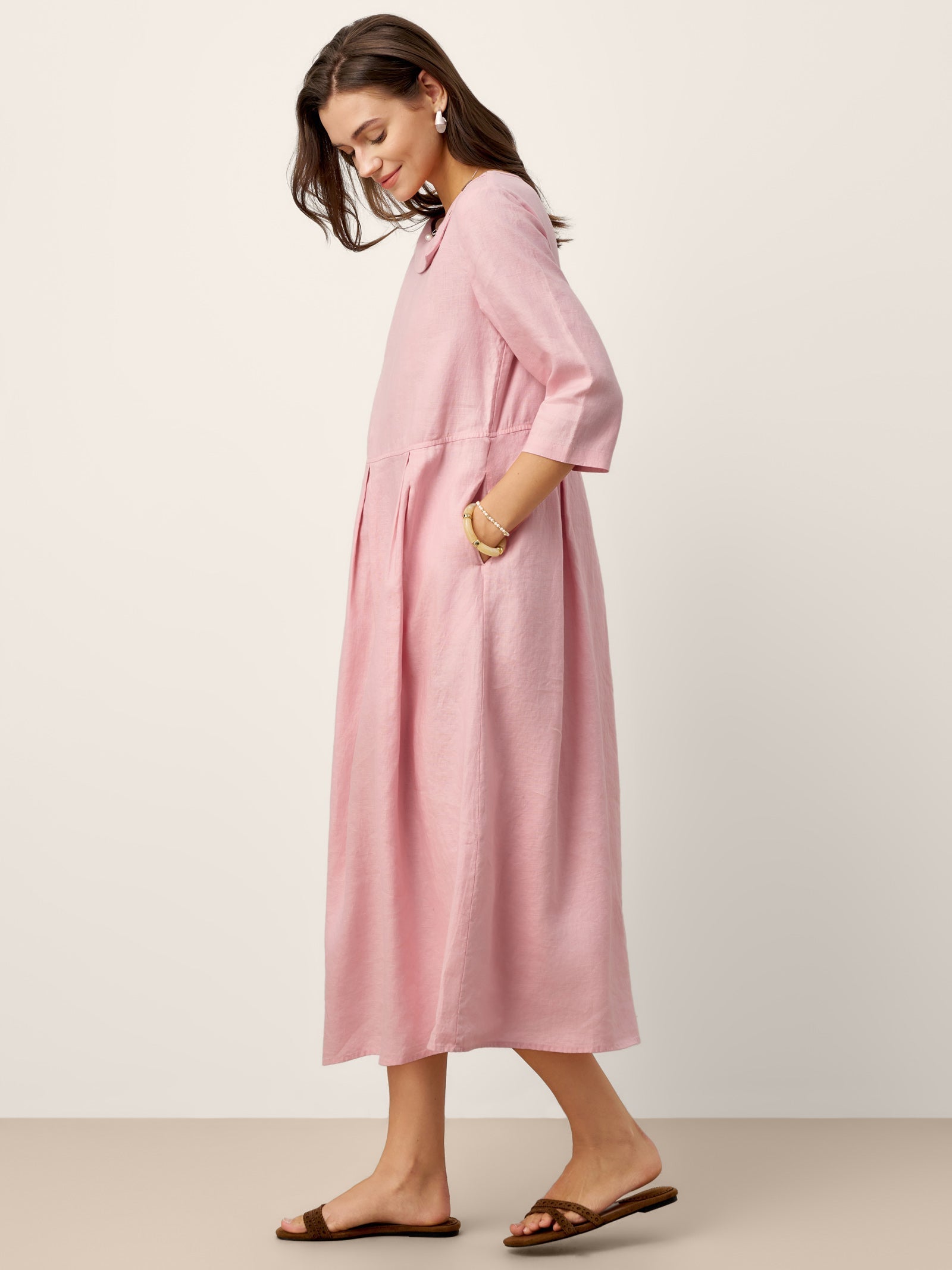 100% Linen Crescent Neck Decorative Button Waist Pleated Midi Dress GWENYTH  DestGlow