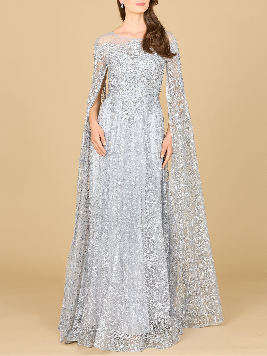 Lace Gown with Dramatic Cape Sleeves | Lara 29454 by Lara New York
