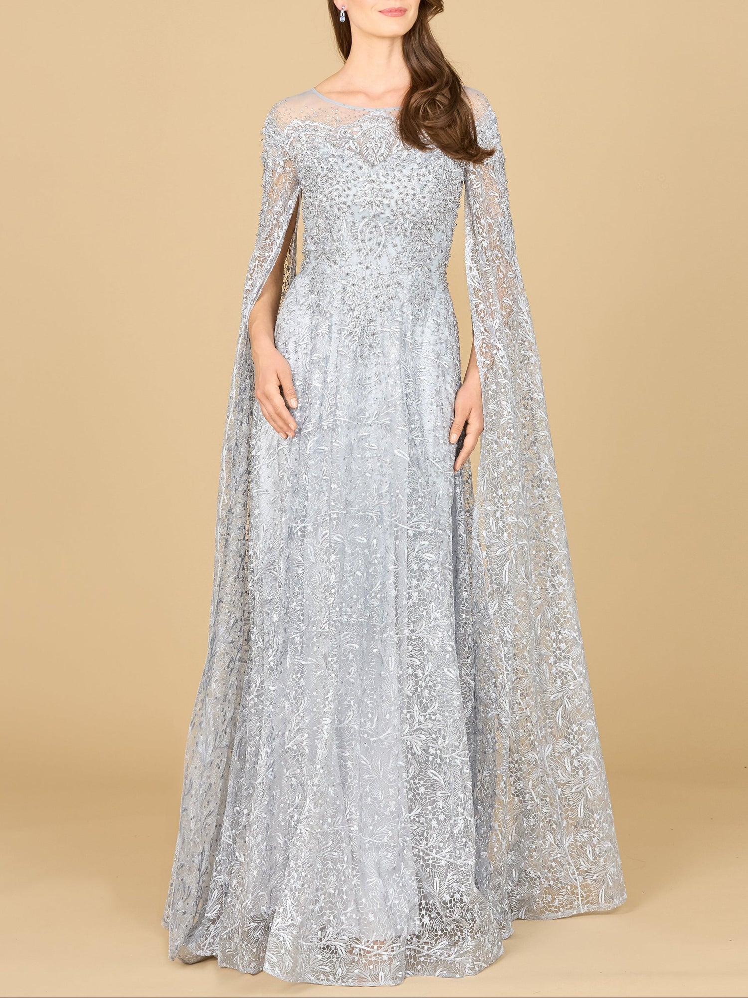 Lace Gown with Dramatic Cape Sleeves | Lara 29454 by Lara New York