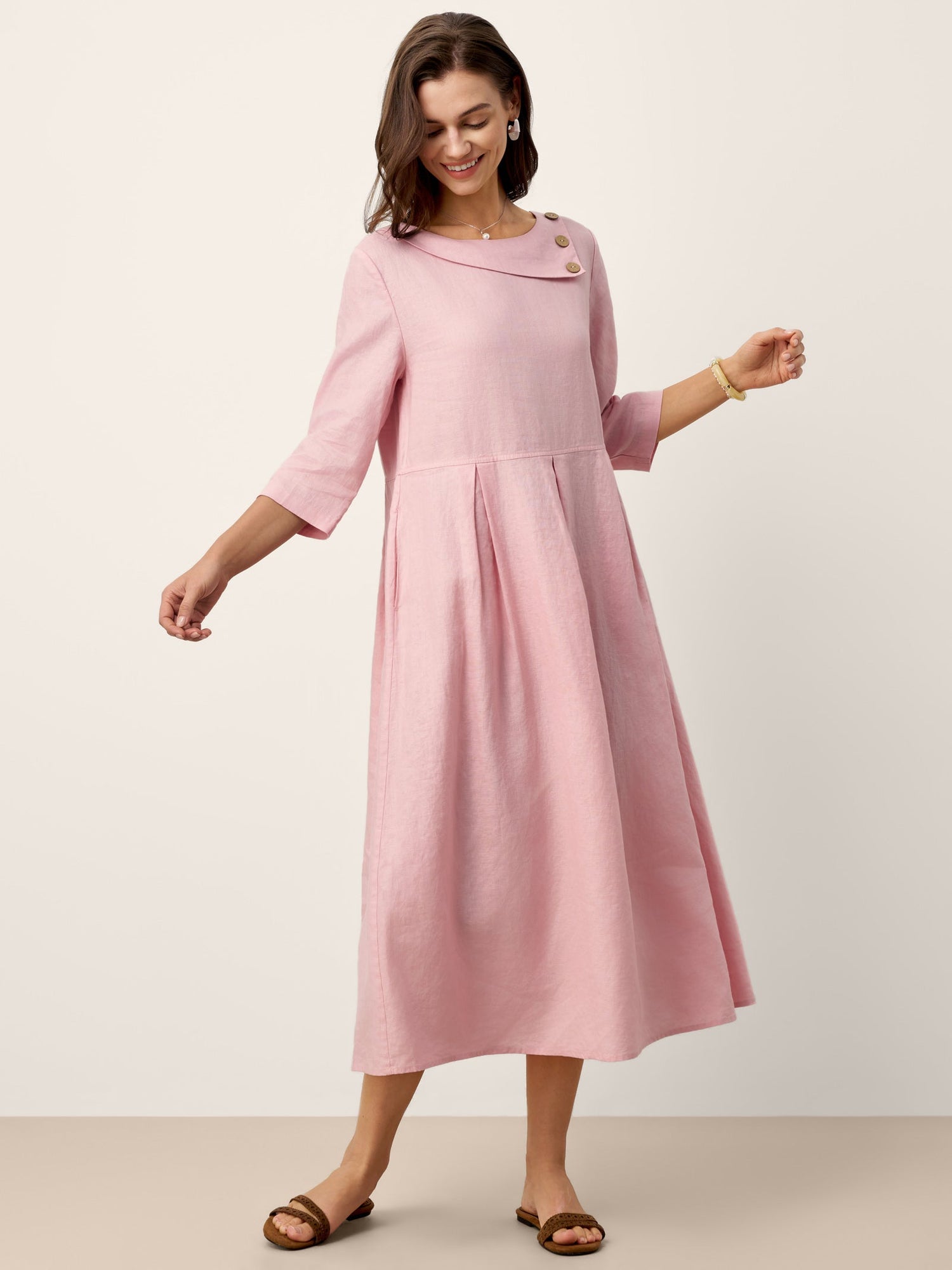100% Linen Crescent Neck Decorative Button Waist Pleated Midi Dress GWENYTH  DestGlow