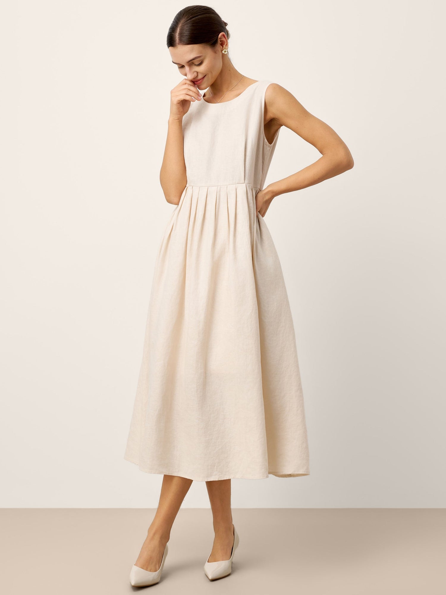 100% Linen Sleeveless Crew Neck Waist Pleated Maxi Dress SELENE by LINTICO
