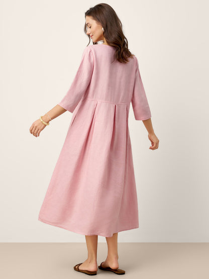 100% Linen Crescent Neck Decorative Button Waist Pleated Midi Dress GWENYTH  DestGlow