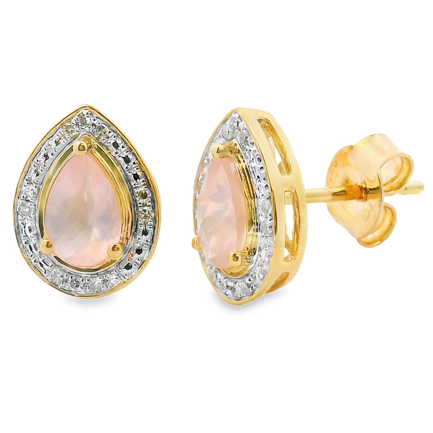 Rose Quartz Diamond Dangle Earrings 10KT Yellow Gold by Bids.com